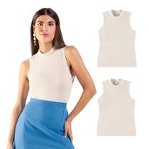 Kit 2 Blusas Feminina Cavada Gola Alta Malha Canelada