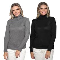 Kit 2 Blusas Feminina de Tricô Manga Longa Gola Alta Tendência Inverno 2024
