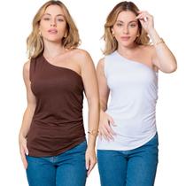 Kit 2 Blusas Feminina de Um Ombro Só Assimétrica com Fenda e Lateral Franzida