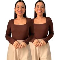Kit 2 Blusas Feminina Decote Quadrado Manga Longa Kit 2 Blusas Feminina Decote Quadrado Manga Longa