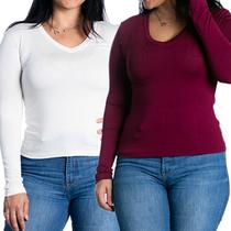 Kit 2 blusas feminina manga comprida segunda pele gola v