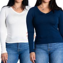 Kit 2 blusas feminina manga comprida segunda pele inverno gola v