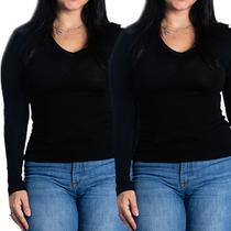 Kit 2 blusas feminina manga comprida segunda pele inverno gola v
