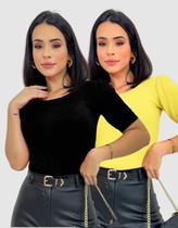 Kit 2 Blusas Feminina Manga Curta Bufante Canelada Elegante Moda Casual