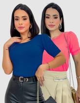 Kit 2 Blusas Feminina Manga Curta Bufante Canelada Elegante Moda Casual