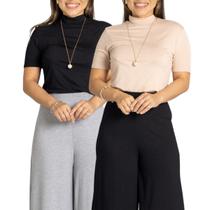 Kit 2 Blusas Feminina Manga Curta Gola Alta de Viscolycra
