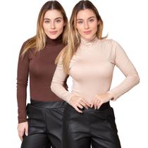 Kit 2 Blusas Feminina Manga Longa Gola Alta Cacharrel de Viscose