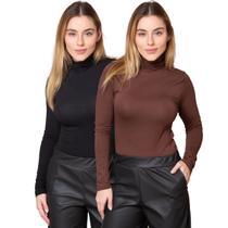 Kit 2 Blusas Feminina Manga Longa Gola Alta Cacharrel de Viscose