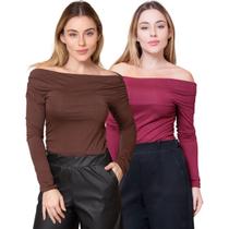 Kit 2 Blusas Feminina Ombro a Ombro com Lateral Franzida Manga Longa
