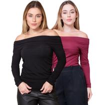 Kit 2 Blusas Feminina Ombro a Ombro com Lateral Franzida Manga Longa