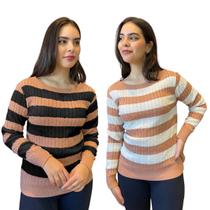 Kit 2 Blusas Feminina Trançada Bicolor Listrada Sueter Tricô
