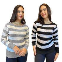 Kit 2 Blusas Feminina Tricot Sueter Listrados Moda Inverno