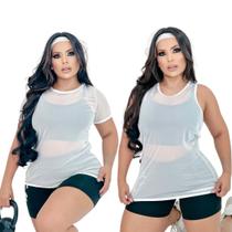 Kit 2 Blusas Femininas Academia Tule Transparente Branca Regata e Camiseta