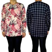 Kit 2 Blusas Femininas G. Careca Manga Longa Soltinhas Estampas Sortidas Malha Crepe Pp ao Plus Size