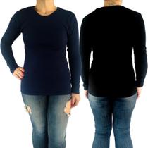 Kit 2 Blusas Femininas Gola Careca Manga Longa Justas Cores Sortidas Malha Crepe Pp ao Plus Size