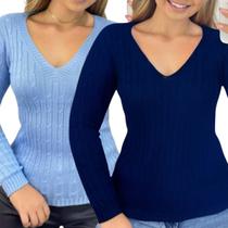 Kit 2 Blusas Femininas Industrie Suéter Malha Tricô Azul Bebê e Marinho Manga Longa