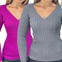 Kit 2 Blusas Femininas Industrie Suéter Malha Tricô Lilás e Chumbo Manga Longa