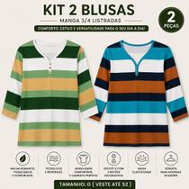 Kit 2 Blusas Femininas Manga 3/4 Plus Size G Veste 48 Evangélica Listrada Casual Elegante Kit 2 Blusas Femininas Manga 3/4 Plus Size G Veste 48 Evangélica Listrada Casual Elegante