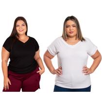 Kit 2 Blusas Femininas Manga Curta Blusinhas T-shirt Básica De Malha Viscolycra Blusa Decote Em V Plus Size