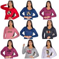 Kit 2 blusas femininas manga longa estampadas