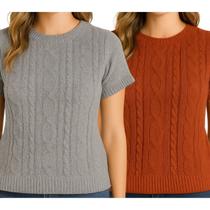 Kit 2 Blusas FMF Moda Feminina Tricô Manga Curta Trama Trançada Kit 2 Blusas FMF Moda Feminina Tricô Manga Curta Trama Trançada