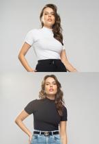Kit 2 Blusas Gola Alta Comfy Malha Canelada Preta e Branca Salvatore Fashion