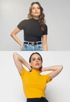 Kit 2 Blusas Gola Alta Comfy Malha Canelada Preta e Mostarda Salvatore Fashion