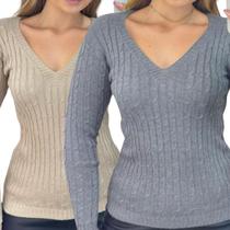 Kit 2 Blusas Industrie Femininas Bege e Chumbo Suéter Malha Tricô Manga Longa