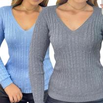 Kit 2 Blusas Industrie Femininas Suéter Azul Bebê e Chumbo Malha Tricô Manga Longa