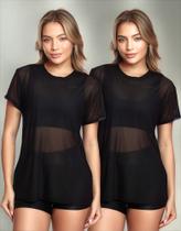 Kit 2 Blusas Manga Curta Tule Transparente Fitness Academia