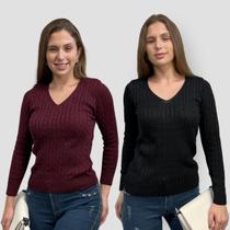 Kit 2 Blusas Manga Longa Feminina Trico Modal Trança Inverno