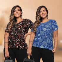 Kit 2 Blusas Plus Size Estampada Casual Manga Curta Liganete Estampa Sortida