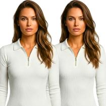 Kit 2 Blusas Polo Feminina Canelada Manga Longa com Zíper Slim Fit Casual Confortável