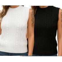 Kit 2 Blusas Tricô FMF Preta e Branca Sem Manga Básica Casual Kit 2 Blusas Tricô FMF Preta e Branca Sem Manga Básica Casual