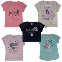 Kit 2 Blusinhas Feminina Básica Baby Look Cotton Verão Estampas diversas strass pérola Camiseta Menina Tshirt Tam 4 - 14