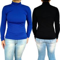 Kit 2 Blusinhas Femininas Gola Alta Manga Longa Justas Lisas Cores Sortidas Canelado Pp ao Plus Size