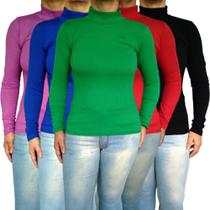 Kit 2 Blusinhas Femininas Gola Alta Manga Longa Justas Lisas Cores Sortidas Canelado Pp ao Plus Size