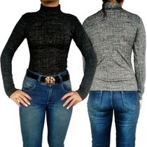 Kit 2 Blusinhas Femininas Gola Cacharrel Manga Longa Justas Peças Sortidas Jacquard Pp ao Plus Size