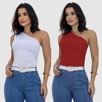 Kit 2 Body Blusa Tshirt Suplex Plissado Um Ombro Só Regata Elegante Fashion Chic Sexy