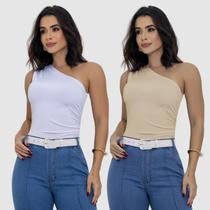 Kit 2 Body Blusa Tshirt Suplex Plissado Um Ombro Só Regata Elegante Fashion Chic Sexy