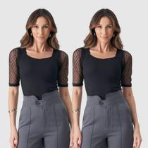 Kit 2 Body Canelado Manga Curta Bufante Tule Poa Verão Top