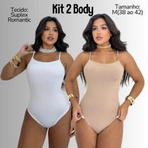 Kit 2 Body Feminino Bori Alçinhas Fina Romantic Decote Reto Versátil Cor Offwhite Bege Moda Blogueira