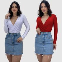 Kit 2 Body Feminino Decote V Transpassado Manga Comprida Tendência Inverno Kit 2 Body Feminino Decote V Transpassado Manga Comprida Tendência Inverno