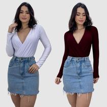 Kit 2 Body Feminino Decote V Transpassado Manga Comprida Tendência Inverno Kit 2 Body Feminino Decote V Transpassado Manga Comprida Tendência Inverno
