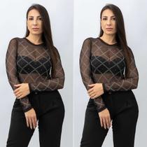 Kit 2 Body Feminino Manga Longa Tule Com Pérolas Strass Kit 2 Body Feminino Manga Longa Tule Com Pérolas Strass