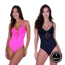 Kit 2 Body Feminino Renda Sem Bojo Alça Fina Decotado Sensual- C2 KIT 2 BODY JULIETE PRETO E ROSA Kit 2 Body Feminino Renda Sem Bojo Alça Fina Decotado Sensual- C2 KIT 2 BODY JULIETE PRETO E ROSA