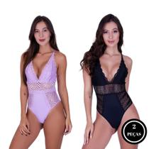 Kit 2 Body Feminino Sem Bojo com Decote - c4 KIT 2 POCAH LILÁS PRETO