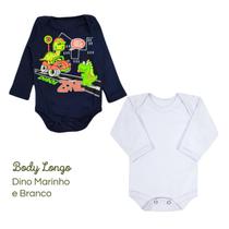 Kit 2 Body Manga Longa Bebê Dino Marinho Algodão Kit 2 Body Manga Longa Bebê Dino Marinho Algodão