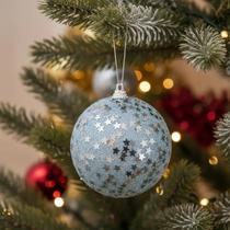 Kit 2 Bolas Natal Decorada Azul Estrela Prata Brilhante 10cm Kit 2 Bolas Natal Decorada Azul Estrela Prata Brilhante 10cm