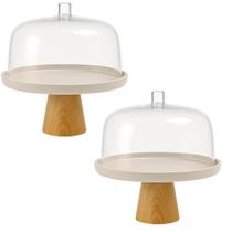 Kit 2 Boleiras com Pé e Cúpula 25x22cm Porta Bolos Doces Tortas Petiscos Bege Ou